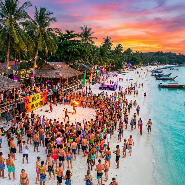 Haad Rin Full Moon Party beach with fire dancers and colorful crowd at sunset