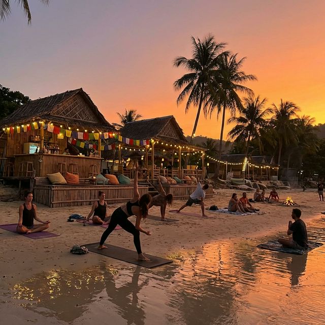 Sunset yoga session on Srithanu beach with bohemian bars and palm trees